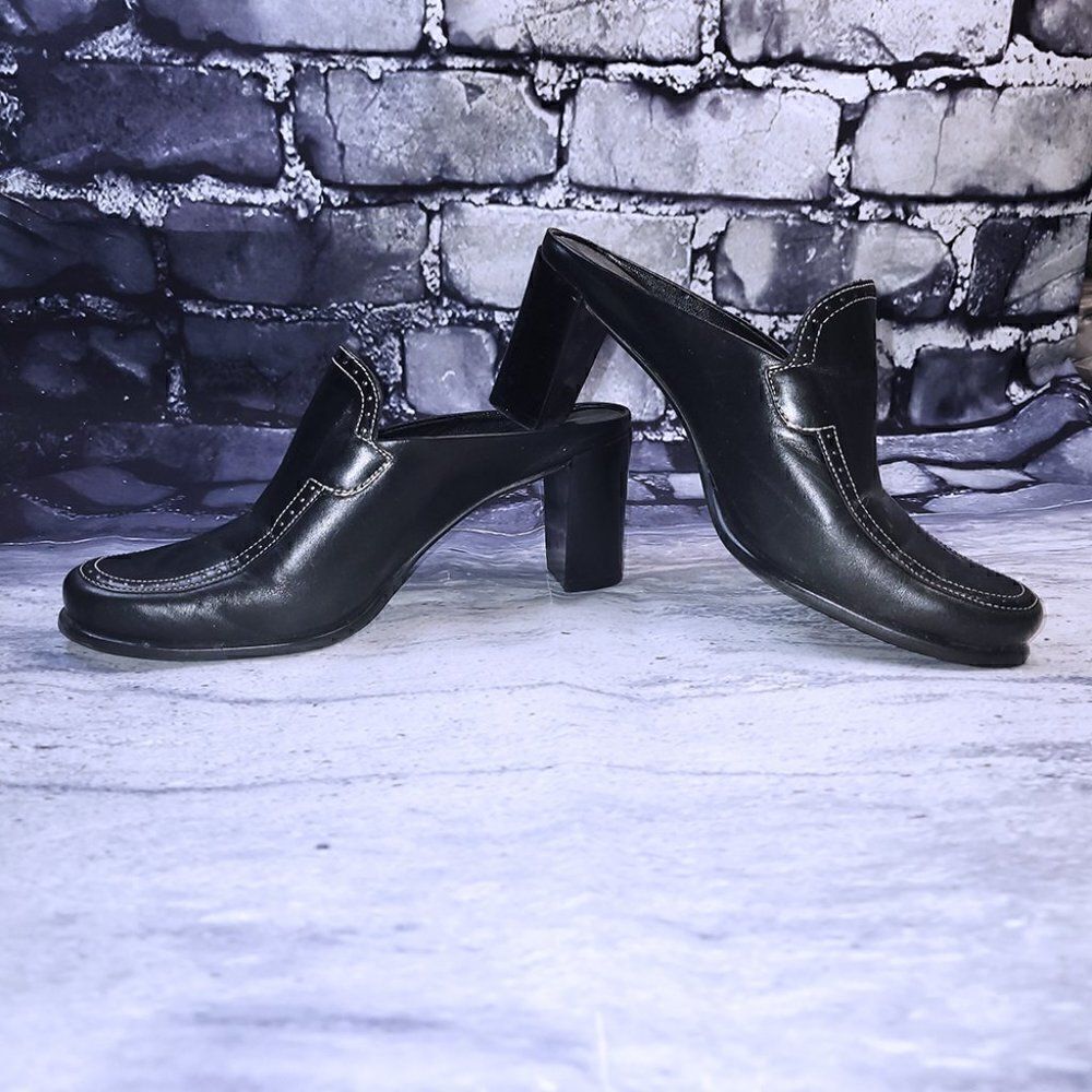 Franco Sarto black leather chunky heel mule shoes